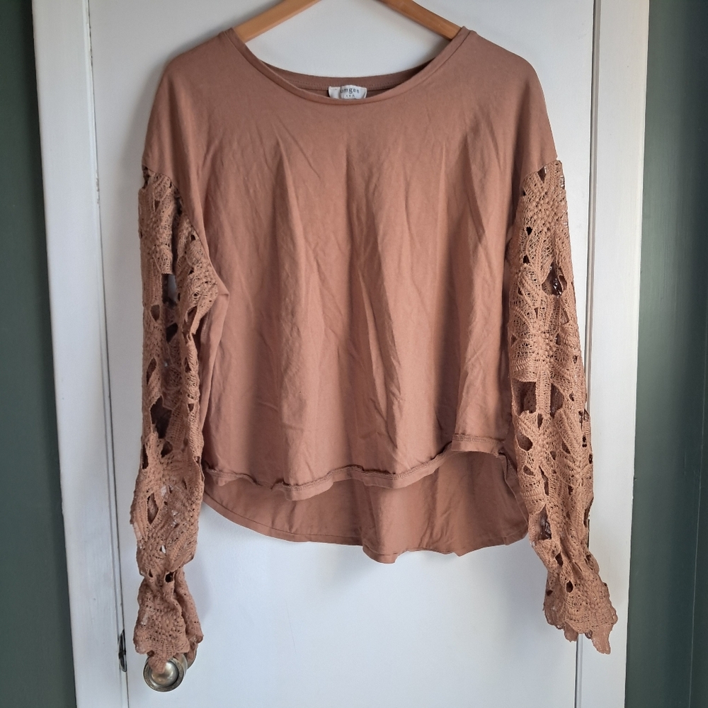 Umgee Tan Long Sleeve Top Lace Sleeves Large